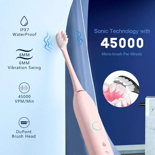 Vista 5 de Paquete de 2 cepillos de dientes eléctricos recargables para adultos y niños cepillo de dientes de blanqueamiento sónico con 8 cabezales de cepillo