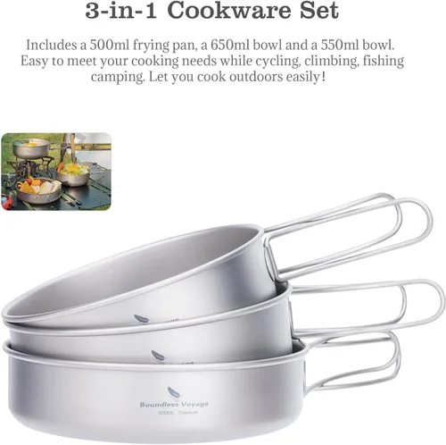 Vista 7 de iBasingo Juego de 3 piezas de ollas de titanio para acampar con mango plegable, juegos de ollas de cocina para campamento al aire libre