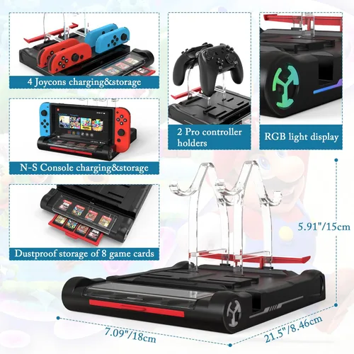 Vista 3 de Qoroos Estación de carga para Nintendo SwitchOLED Estación de carga Joy Con Base de carga Soporte Nintendo Switch Dock con 8 ranuras para tarjetas