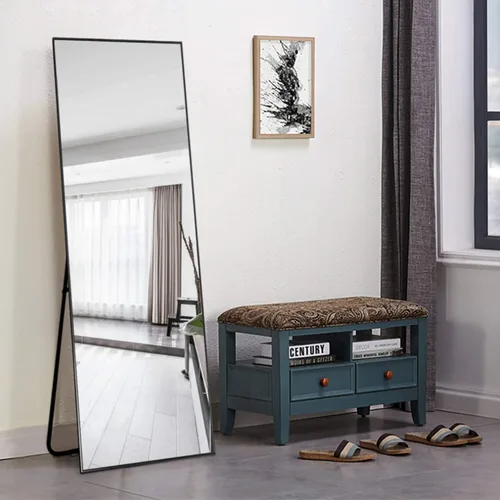 Vista 4 de self Espejo de pie de longitud completa de 65 x 22 pulgadas, marco de aleación de aluminio de metal con soporte de pie, colgado o apoyado contra