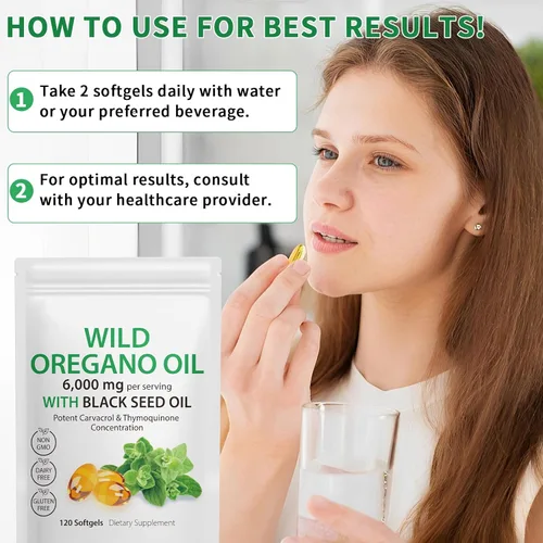 Vista 7 de Cápsulas de aceite de orégano Tooffi - 2 en 1 6000mg de aceite de orégano con aceite de semilla negra 200mg - Cápsulas de suplemento de aceite