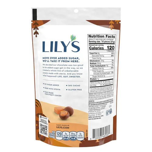 Vista 2 de LILY'S Estilo de chocolate con leche sin azúcar añadido, bolsa de caramelos cubiertos, 3.5 onzas