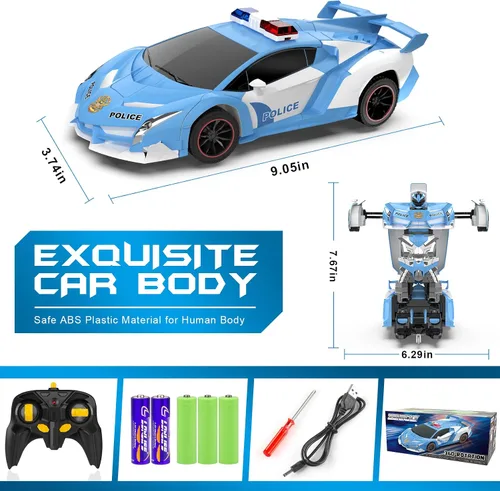 Vista 8 de FDJ - Auto a control remoto que se transforma en robot, transformación con un botón a robot con luz intermitente, juguete de policía para niños