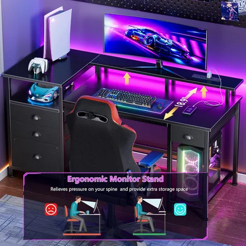 Vista 4 de Furologee 52'' Gaming Desk with LED Lights and Power Outlets, Reversible Computer Desk with 4 Drawers, Fabric File Cabinet, Printer Space, Shelves