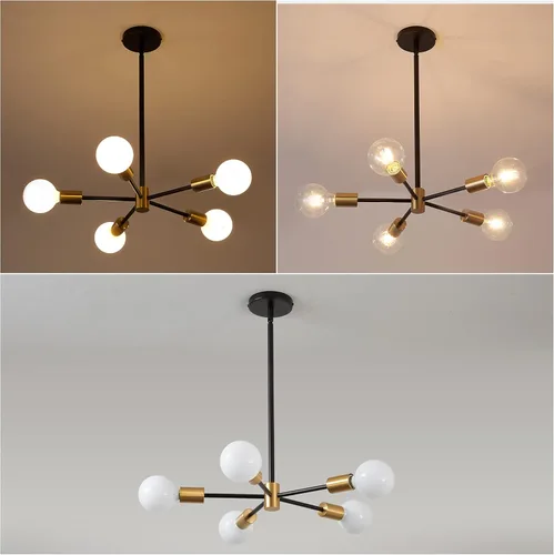 Vista 6 de KAISITE Lámpara de Araña Sputnik - Lámpara de Techo Sputnik Moderna de 5 Luces Altura Ajustable Oro y Negro Iluminación Colgante para Sala de Estar