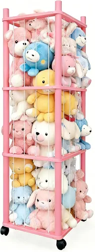 Vista 10 de Almacenamiento de madera para animales de peluche, organizador de juguetes de madera maciza resistente con ruedas bloqueables, fácil