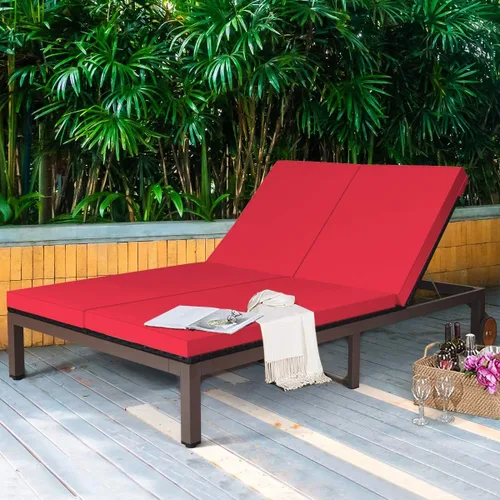Vista 7 de DORTALA Silla reclinable de ratán para 2 personas con ruedas y cojín, sillón de mimbre doble con respaldo ajustable, juego de conversación de Rojo