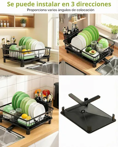 Vista 3 de Escurridor de platos para encimera de cocina, escurridor de acero inoxidable con soporte desmontable para cubiertos, sistema de drenaje automático