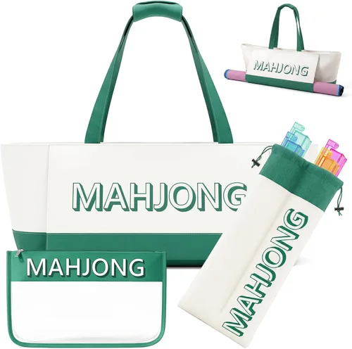Geetery Juego de 3 bolsas Mahjong para azulejos americanos y estante Beige y verde