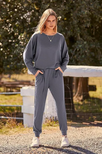 Vista 7 de PRETTYGARDEN - Conjunto de moda de 2 piezas para mujer, color liso, sudadera sin botones y de manga larga, pantalón largo
