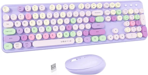 Vista 14 de UBOTIE Teclado inalámbrico colorido para computadora y mouse óptico, teclas flexibles, teclado de tamaño completo de oficina, conexión sin