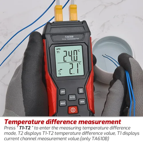 Vista 7 de Termómetro de termopar, termopar digital de canales duales con 4 sondas de termopar tipo K, pantalla de retroiluminación LED, rango de medición