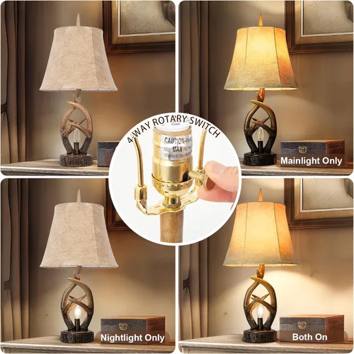 Vista 3 de Scenekoy - Juego de 2 lámparas de mesa de granja rústica con astas, lámpara de noche con luz nocturna, puertos USB duales, pantalla de cuero suave