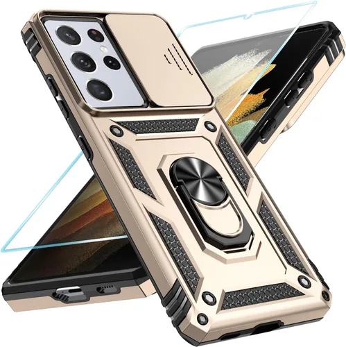 Vista 4 de SunStory Funda para Samsung Galaxy S21 con protector de pantalla HD, funda para cámara deslizante y soporte de anillo giratorio, grado militar