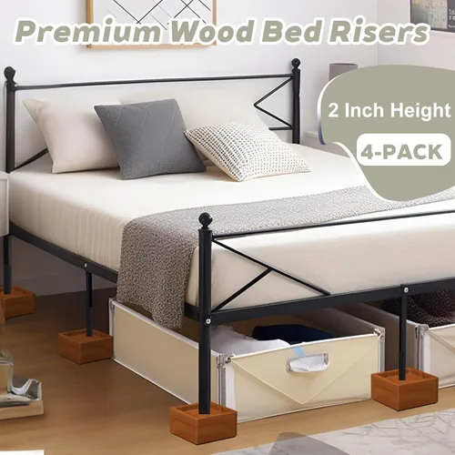 Vista 2 de Elevadores de muebles de pino macizo de 2 pulgadas, capacidad de 2000 libras, instalación sin herramientas, diseño de madera natural para camas