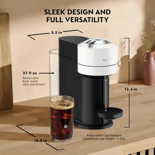 Vista 8 de Vertuo Next de Nespresso - Cafetera para café y espresso de De'Longhi, color blanco con espumador de leche Aeroccino