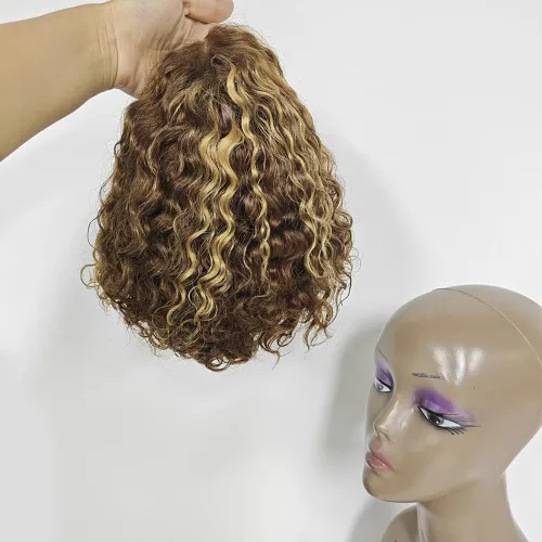 Vista 15 de Pelucas cortas de cabello humano rizado estilo Bob con reflejos, pelucas de encaje frontal HD de 13 x 4, pelucas de cabello brasileño con corte