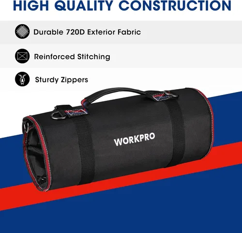 Vista 4 de WORKPRO Bolsa de herramientas enrollable, bolsa de herramientas enrollable con bolsillos desmontables, organizador de herramientas resistente con 6