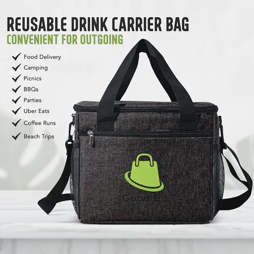 Vista 4 de Good E's Bolsa de bebidas reutilizable con aislamiento para 6 tazas, bolsa térmica portátil con 5 divisores, correa para el hombro y bolsillos