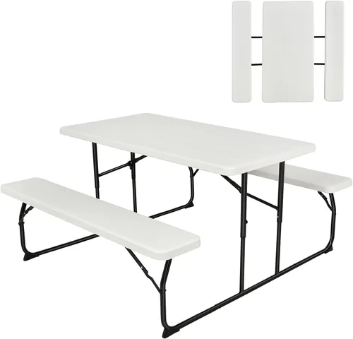Vista 10 de GYMAX Mesa de pícnic, mesas de picnic plegables de 550 libras con bancos y asientos, resistente a la intemperie, mesa de picnic portátil de fácil