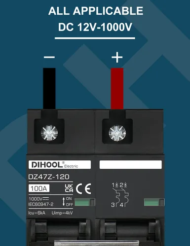 Vista 2 de DIHOOL Disyuntor DC Interruptor de desconexión solar de 100 amperios 2p 1000V para PV, UPS, batería de RV, montaje en carril DIN..
