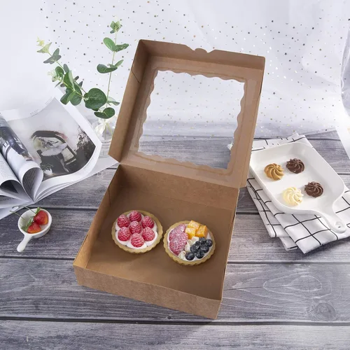 Vista 5 de ONE MORE Cajas de panadería para pasteles de papel kraft natural de 10 pulgadas con ventanas de PVC, caja grande para galletas de 10 x 10 x 2.5