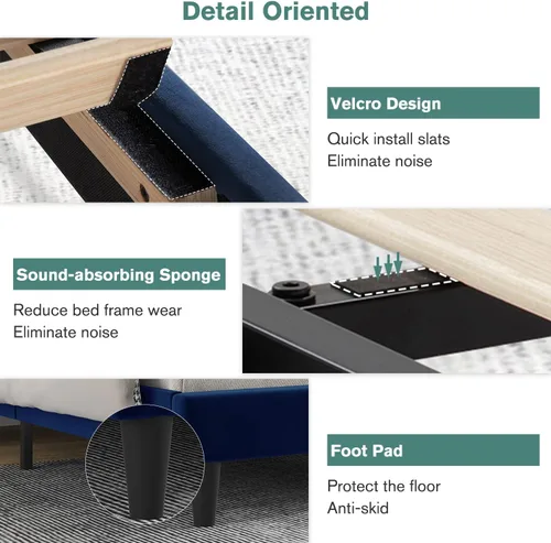 Vista 9 de Base de cama tapizada de terciopelo tamaño Queen con cabecero, listones de madera fuertes, somier opcional, base de colchón, fácil montaje, gris