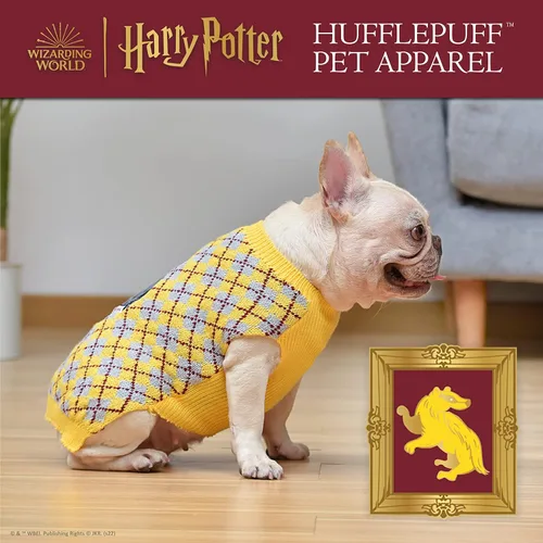 Vista 2 de Harry Potter Hufflepuff Suéter para perro, ropa exterior para mascotas, ropa y accesorios para perros con licencia oficial para casas de Hogwarts