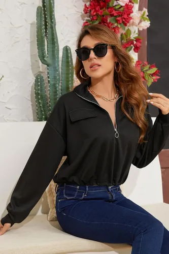 Vista 2 de SILKWORLD Sudadera corta con cremallera de un cuarto para mujer, manga larga, cuello alto, cordón ajustable, con bolsillos