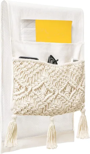 Vista 5 de Mkono Organizador de Sofá de Macramé Caddy de Control Remoto para Reposabrazos de Sofá Sillón Mesita de Noche Bolsa Soporte de Almacenamiento