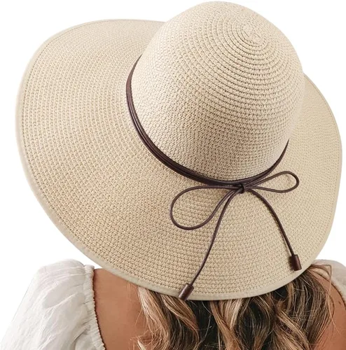 AQOKKA Sun Hats for Women Big Straw Wide Brim Summer Beach Hat Floppy Foldable Roll-up Cap for Outdoor UPF 50+ Beige