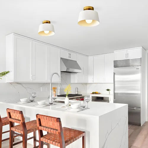 Vista 8 de Lámpara de techo moderna semiempotrada, 2 unidades, lámpara de techo de metal, cabezal de lámpara de cerámica E26, lámpara de techo blanca y dorada