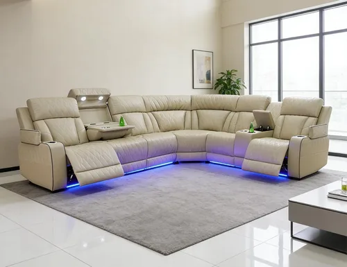Vista 17 de Juego de sofá seccional reclinable eléctrico con luz LED, sofá esquinero reclinable de cuero y silla, muebles reclinables de teatro