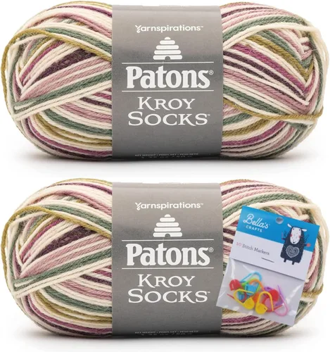 Vista 19 de Patons Kroy Ovillo de lana para calcetines Paquete de 2 con marcadores de punto de Bella's Crafts (Azul Marrón Marl)