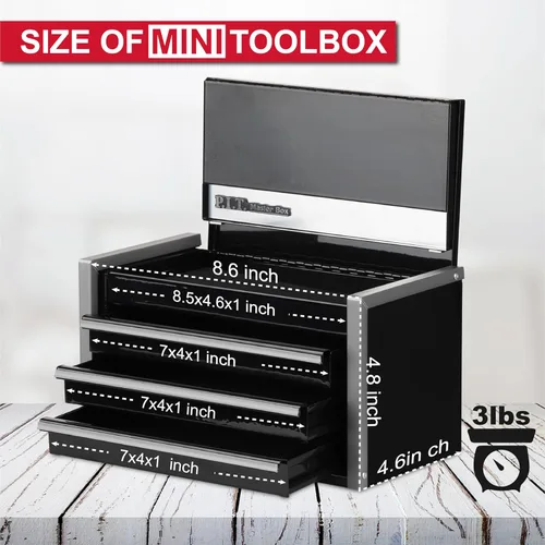 Vista 2 de P.I.T. Mini Caja de herramientas negra, caja de herramientas portátil de acero apilable de 3 cajones con cierre de lengüeta magnética, caja