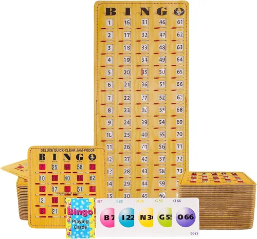 Vista 15 de MR CHIPS Tarjetas de bingo a prueba de atascos con ventanas deslizantes, 25 tarjetas de obturador reutilizables, 75 tarjetas de llamadas, 1 tablero