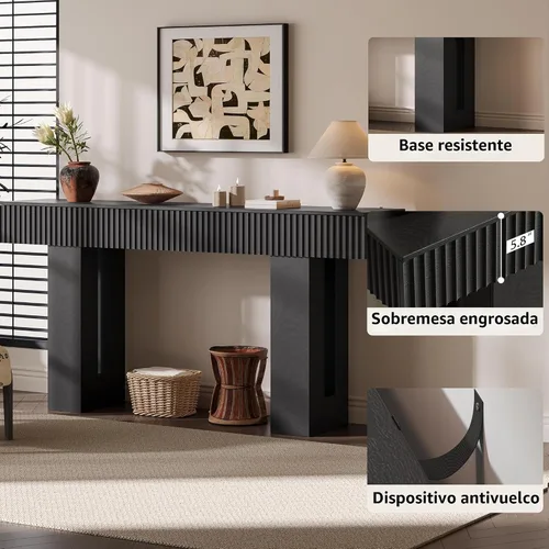 Vista 6 de Mesa de entrada de 60 pulgadas de largo con toma de corriente integrada y luz RGB controlada por aplicación y botón, mesa consola de madera gruesa