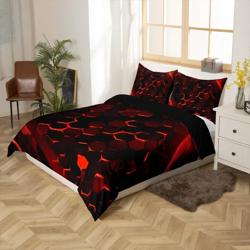 Vista 2 de Juego de ropa de cama de panal hexagonal para niños, niñas, adolescentes, funda de edredón geométrica transpirable, colmena geométrica roja y negra