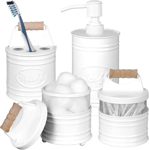 Vista 11 de Autumn Alley Juego de 4 accesorios de baño rústicos - Dispensador de jabón de granja de cobre, soporte para cepillo de dientes, 2 tarros