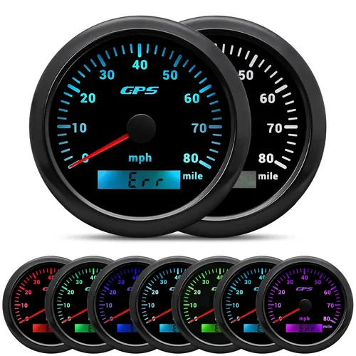 ARTILAURA Velocímetro GPS 85 mm 3-3/8" Odómetro digital 130 km/h Medidor de velocidad 7 colores Impermeable para AUTO Coche Marino Camión 9-32V Negro