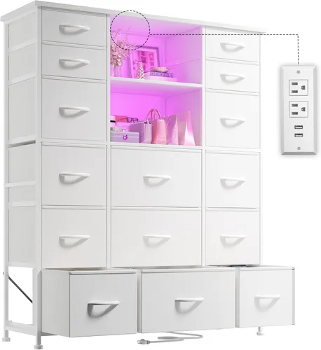 Vista 10 de EnHomee Cómoda de 51" de altura con 15 cajones, cómoda para dormitorio con estación de carga y luces LED y estante superior, cómodas de dormitorio