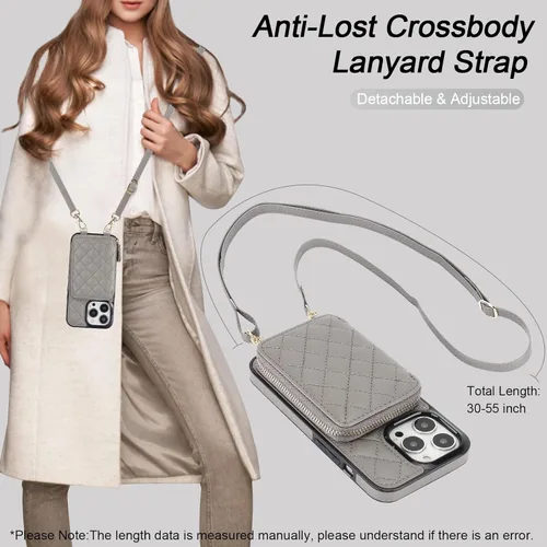 Vista 6 de Bocasal Funda tipo cartera cruzada para iPhone 13 Pro, bloqueo RFID, de piel sintética, con cremallera, funda tipo cartera con función atril