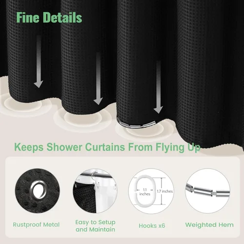 Vista 669 de Cortina de ducha de tela Dynamene verde oscuro - Cortinas de baño de tela de nido de abeja texturizadas resistentes, juego de cortinas de baño