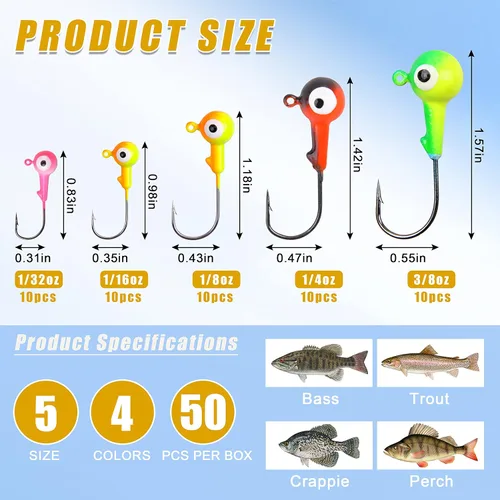 Vista 3 de Kit de ganchos para cabeza de plantilla de pesca, 69/70 piezas de bolas redondas de crappie cabezas señuelos de pesca pintados surtidos señuelos