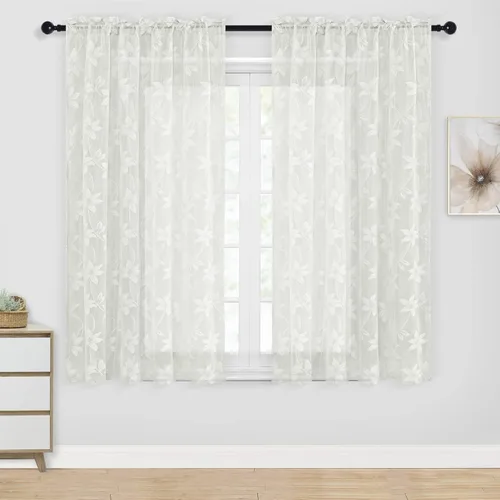 Vista 18 de DWCN Paquete de 2 cortinas traslúcidas pequeñas de encaje floral beige para cocina, cortinas traslúcidas ligeras con bolsillo para barra, cortinas