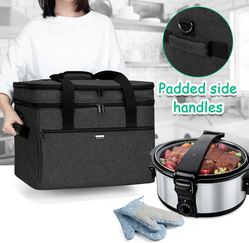 Vista 7 de YARWO Bolsa de cocción lenta compatible con Crock-Pot/Hamilton Beach de 8 a 10 cuartos de galón, funda de viaje de doble capa para aparatos de Negro