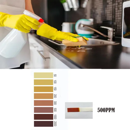 Vista 4 de Tiras de prueba de cloro, papeles de prueba de solución de hipoclorito de sodio, papel de prueba de lejía, 100 tiras, rango 50-2000PPM