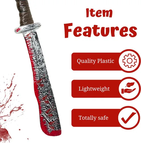 Vista 8 de 17 pulgadas, accesorio para disfraz de machete sangriento, cuchillo grande de plástico falso con sangre falsa para disfraz de Halloween, accesorios