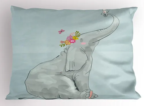 Ambesonne Elephant Nursery Pillow Sham, Elephant and Little Mouse Friendship Fun Art Hand Drawn Flowers Design, Decorative Standard Size Printed