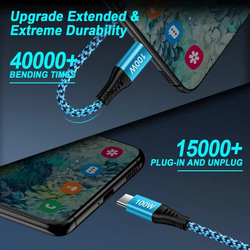 Vista 2 de Cable USB C de 100 W, cable de carga rápida 5A tipo C a tipo C, cable de carga trenzado de 6 pies para Samsumg Galaxy A03S A04S A12 A13 A14 A23 A34